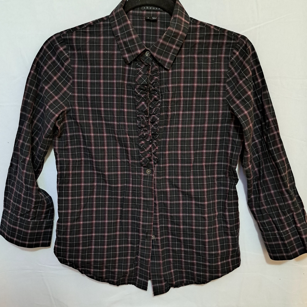 Theory Womens Black Red‎ Plaid Ruffle Front 3/4 Sleeve Button Down Blouse Size S